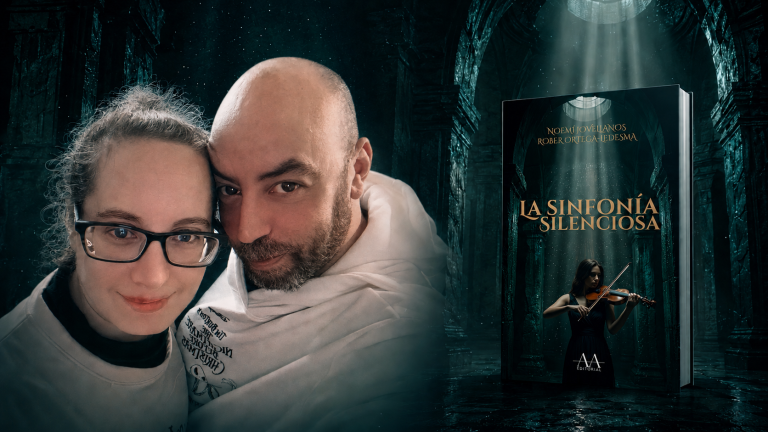 Noemí Jovellanos y Rober Ortega-Ledesma junto a la portada de La sinfonía silenciosa