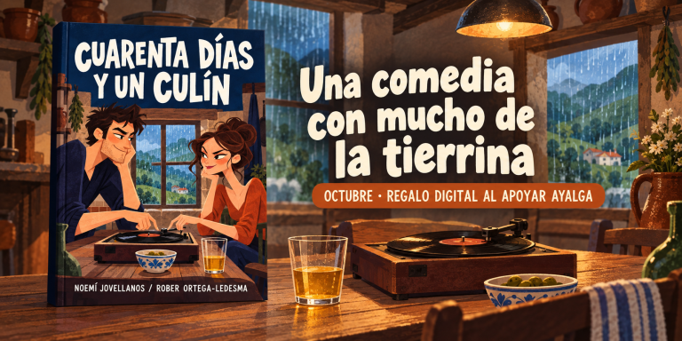 Portada de Cuarenta días y un culín junto a un tocadiscos y un culín de sidra. Regalo digital durante octubre al apoyar AYALGA.