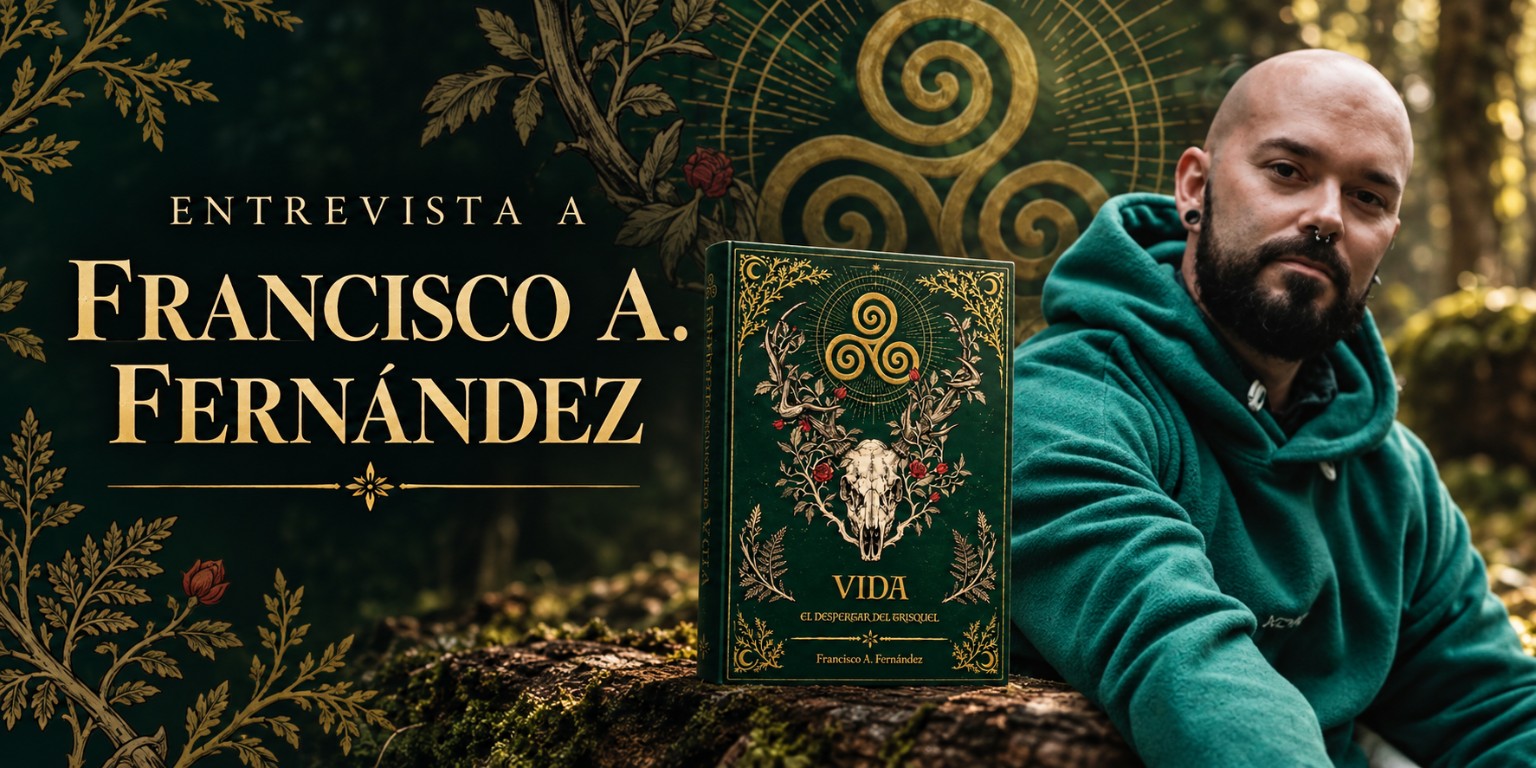 Entrevista a Francisco A. Fernández, autor de El despertar del Trisquel: VIDA, junto a la portada de su novela en un bosque.