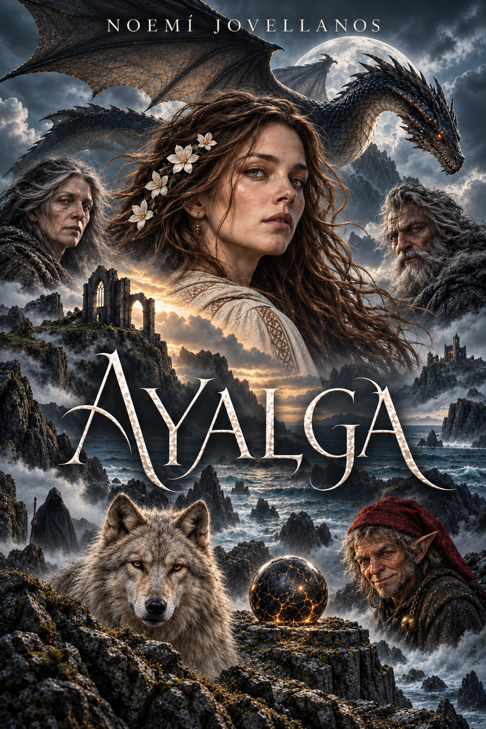 Portada de Ayalga de Noemí Jovellanos para la edición de Caligrama, con personajes fantásticos, un dragón, un lobo y una esfera mágica