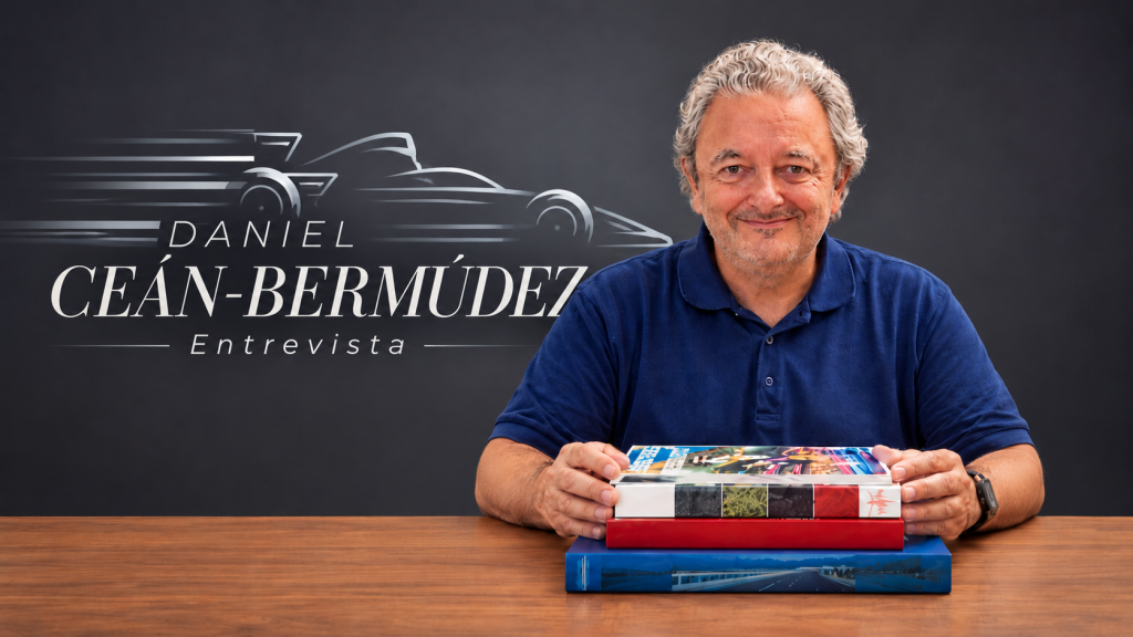 Banner de entrevista a Daniel Ceán-Bermúdez con su retrato y una silueta de coche de carreras